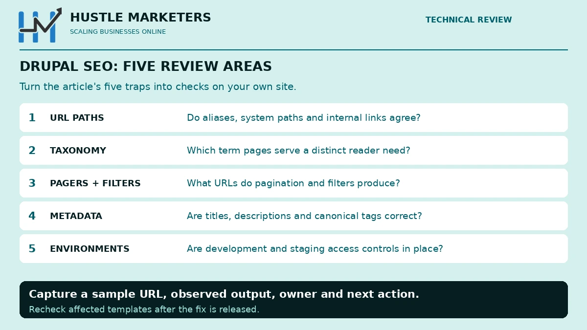 Five Drupal SEO review areas with questions about URL paths, taxonomy, pagers and filters, metadata, and development or staging environments.