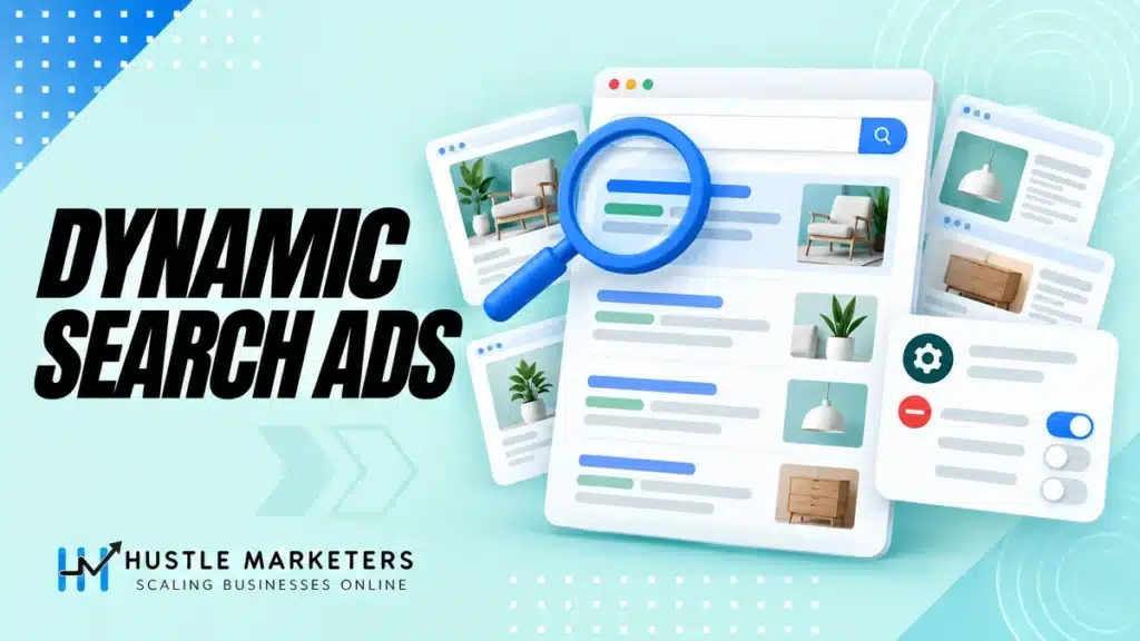 Dynamic Search Ads illustration with search results, website pages, a page feed and campaign controls.