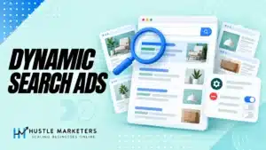 Dynamic Search Ads illustration with search results, website pages, a page feed and campaign controls.