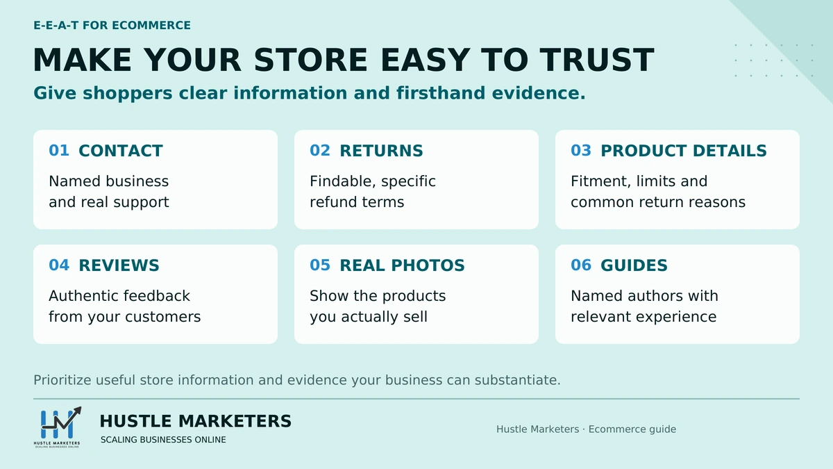 Ecommerce buyer trust checklist covering contact information, returns, product details, customer reviews, real photography and experienced authors.