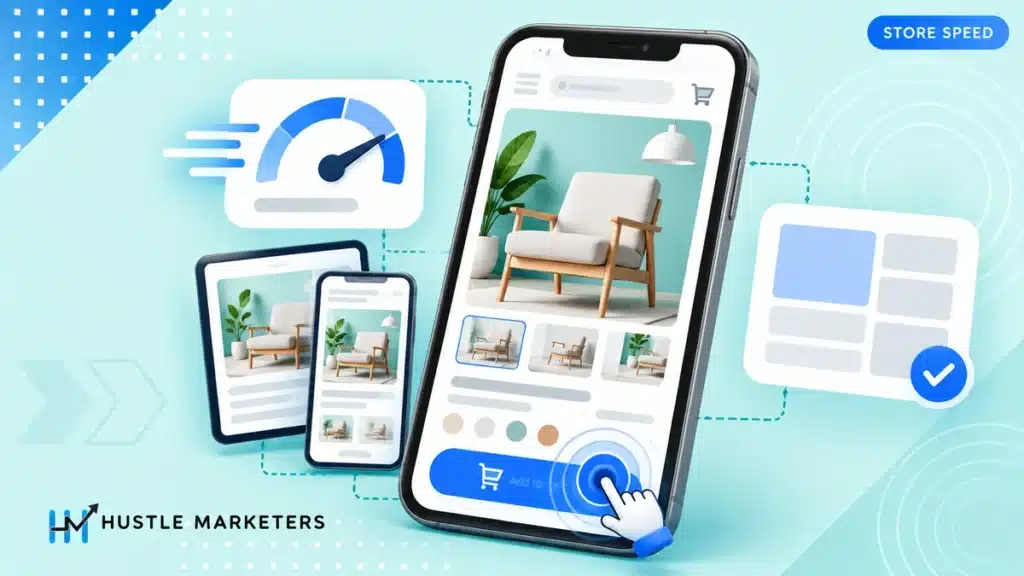 Ecommerce Core Web Vitals illustration of a product page loading, responding to a tap and maintaining a stable layout.