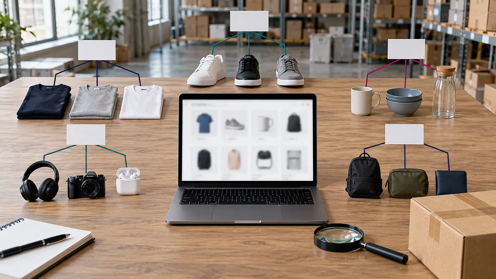 Ecommerce product categories arranged around a blurred online catalog and shipping box.