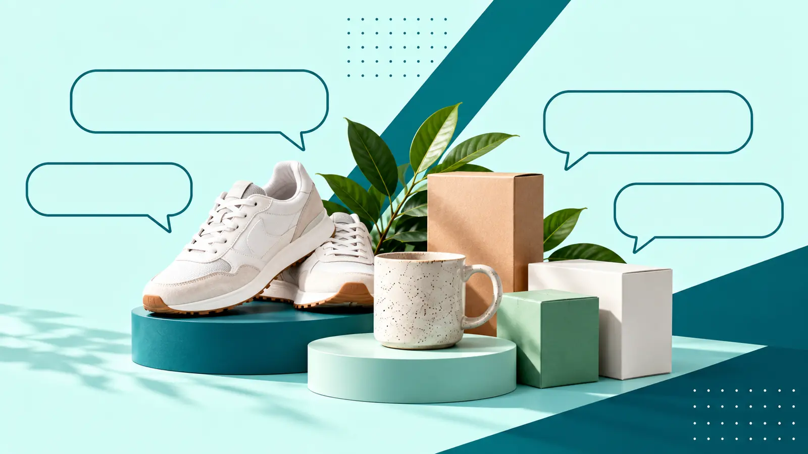 Unbranded ecommerce products surrounded by empty conversation shapes.