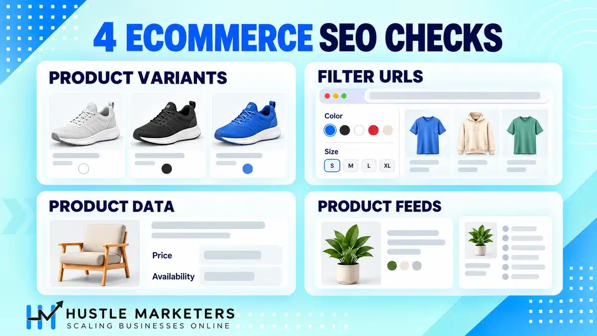 Four ecommerce SEO audit areas: product variants, filter URLs, product data and product feeds.
