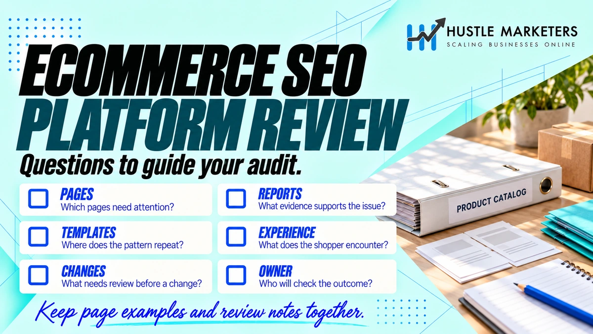 Ecommerce SEO platform review checklist covering pages, reports, templates, shopper experience, proposed changes, and review owner