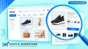 Online store product grid with category navigation and a magnifying glass highlighting a product detail card.