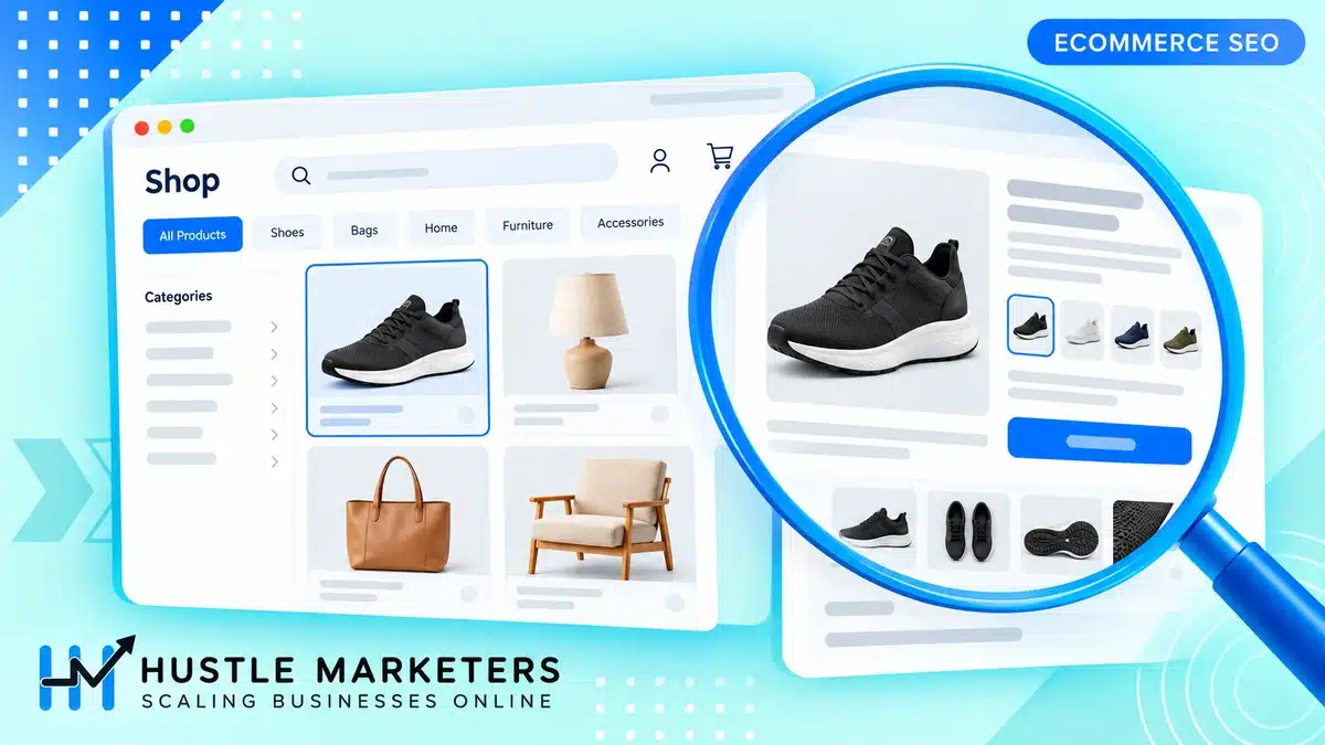 Online store product grid with category navigation and a magnifying glass highlighting a product detail card.