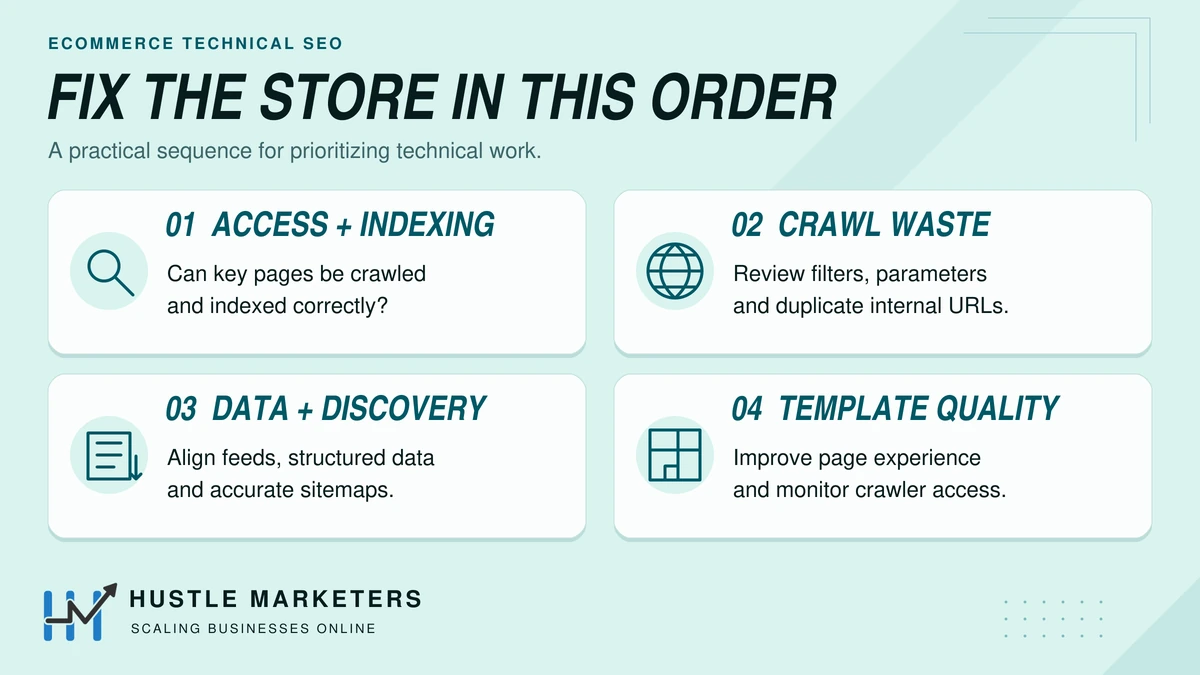 Four technical SEO priorities for ecommerce stores: access and indexing, crawl waste, data and discovery, then template quality.