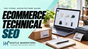 Ecommerce technical SEO cover with a laptop displaying a product catalog beside shipping materials.