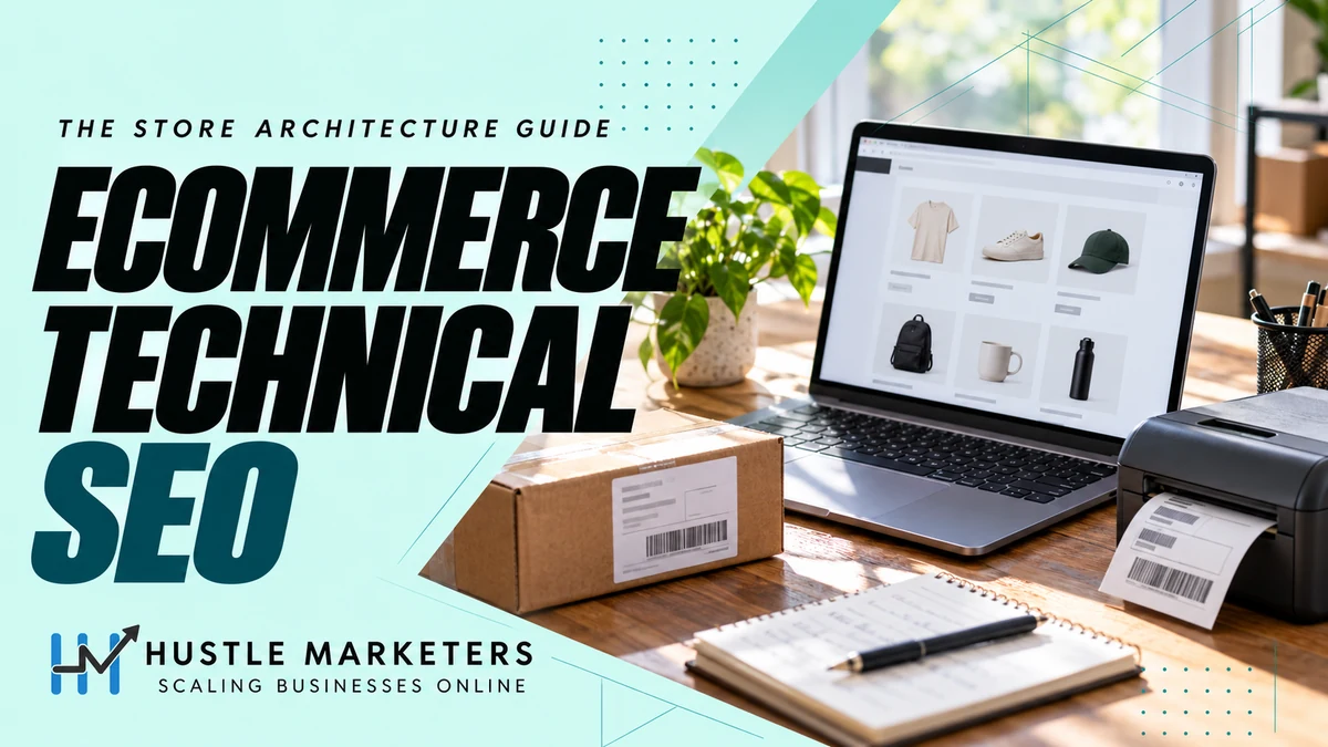 Ecommerce technical SEO cover with a laptop displaying a product catalog beside shipping materials.