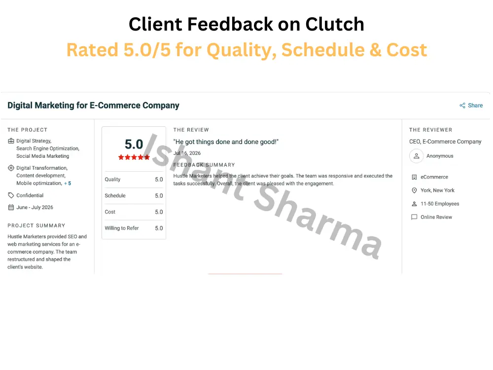 Clutch review titled Digital Marketing for E-Commerce Company rated 5.0 with 5.0 for quality, schedule, cost and willing to refer, quoting He got things done and done good