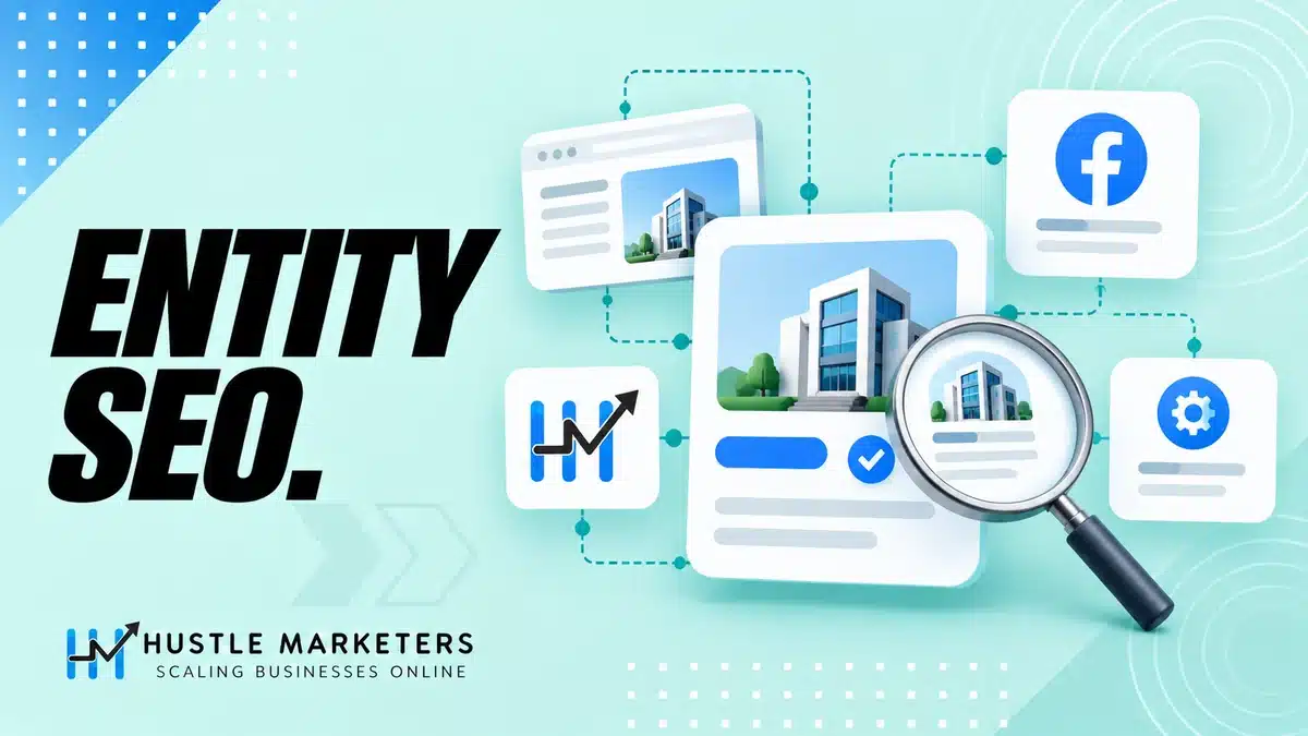 Entity SEO illustration showing one organization identity linked to its website and official profiles.