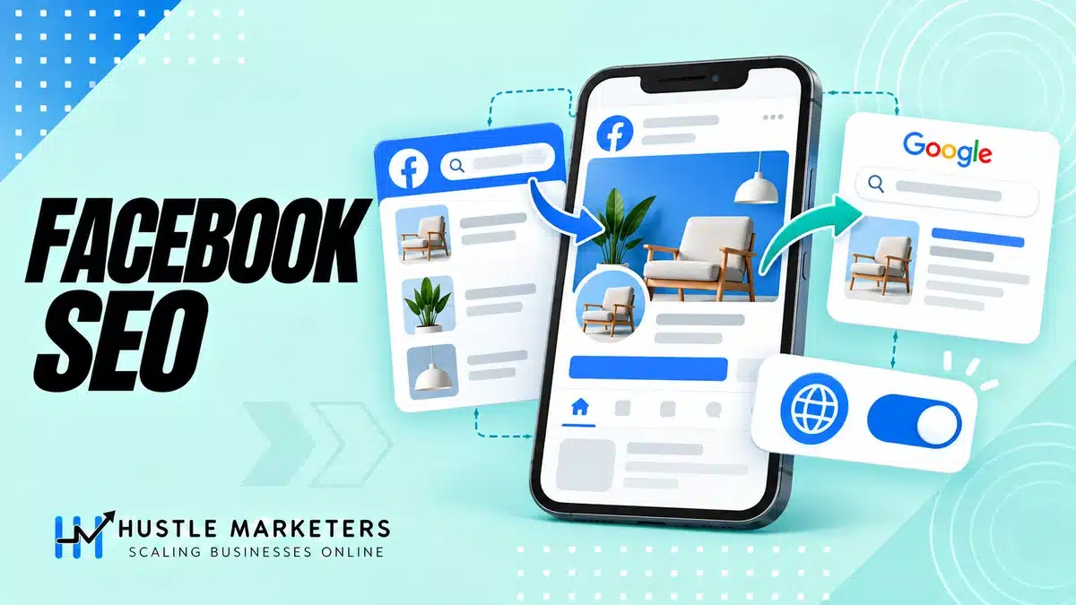 Facebook SEO illustration showing a business Page discoverable through Facebook search and public web search.