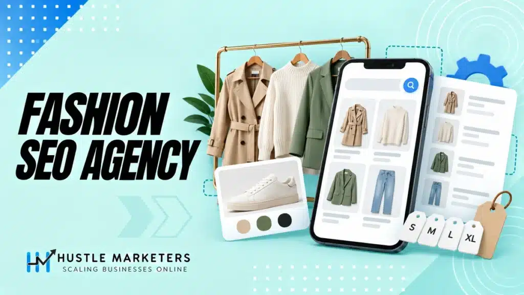 Fashion SEO agency illustration with apparel variants, collection pages, product feed details and search.