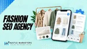 Fashion SEO agency illustration with apparel variants, collection pages, product feed details and search.
