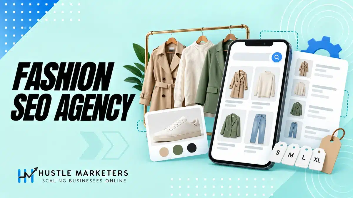 Fashion SEO agency illustration with apparel variants, collection pages, product feed details and search.