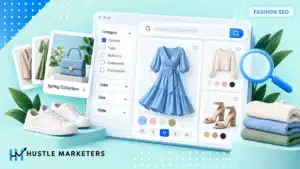 Fashion SEO illustration of apparel collection pages, filters, color and size variants, and search discovery.