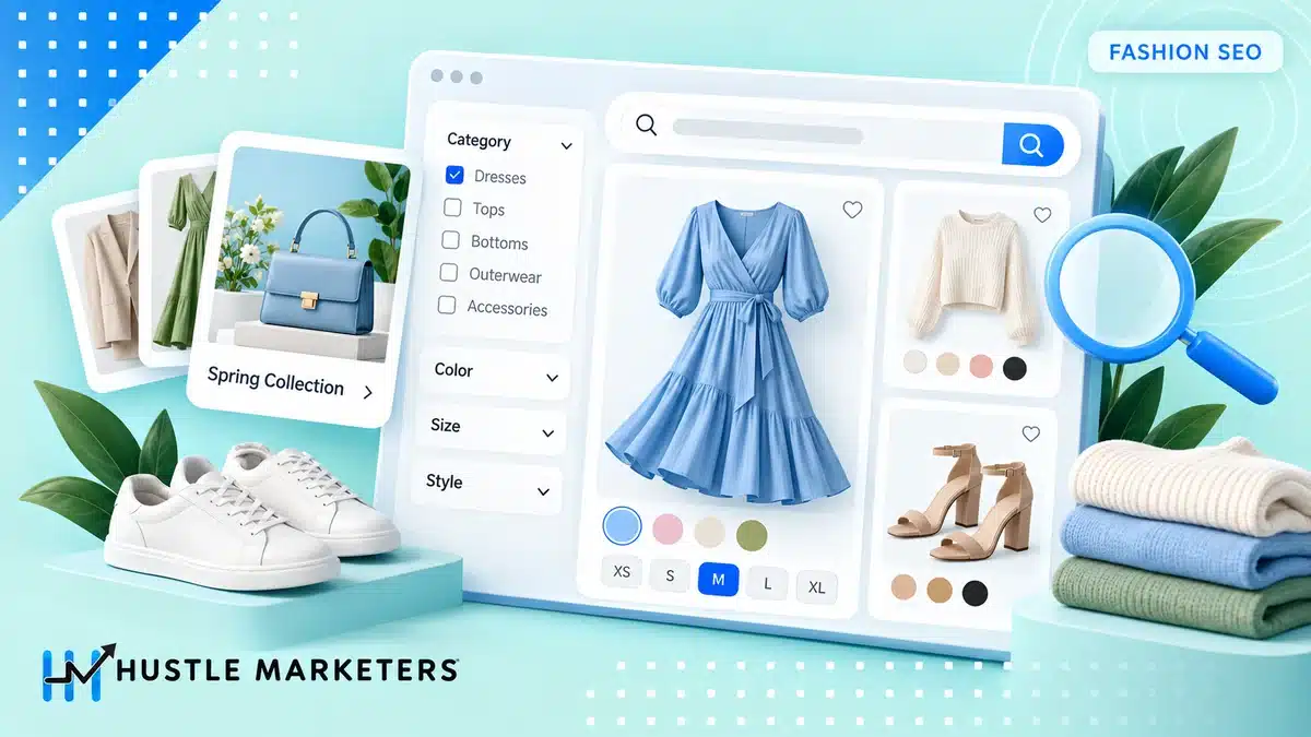 Fashion SEO illustration of apparel collection pages, filters, color and size variants, and search discovery.