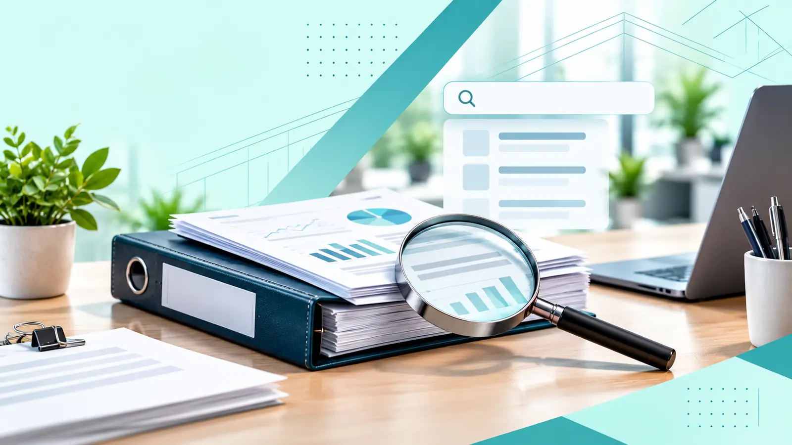 Financial review documents and magnifying glass beside a blank search layout.