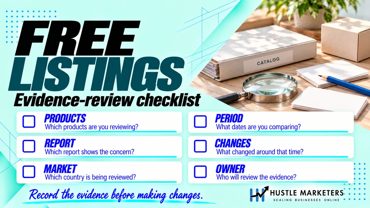 Free listings evidence-review checklist covering products, report, country, comparison dates, recent changes, and review owner