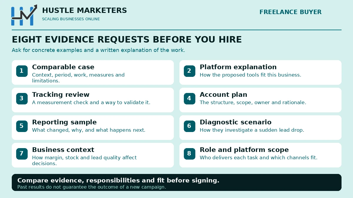 Eight evidence requests for hiring a freelance ads specialist covering a comparable case, platform explanation, tracking review, account plan, reporting sample, diagnostic scenario, business context and role with platform scope.