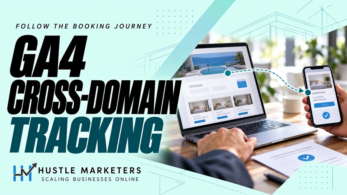 GA4 cross-domain tracking cover with an illustrative booking journey connecting a laptop and smartphone on a desk.