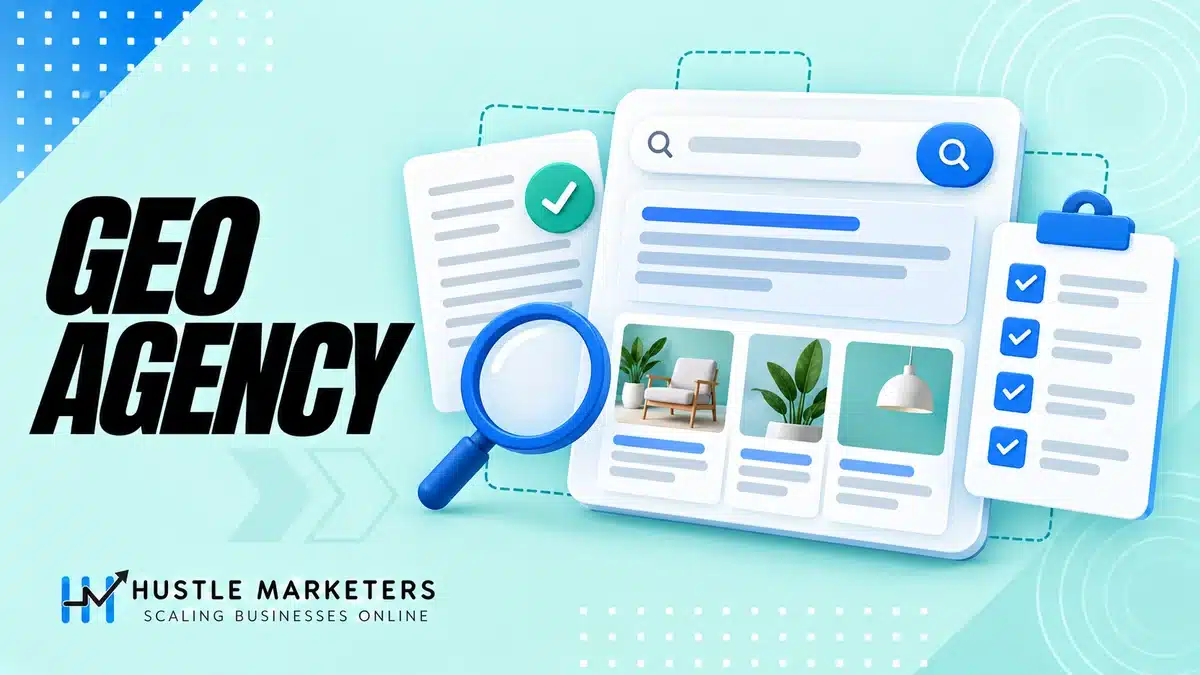 Generative engine optimization agency illustration showing AI answer sources, evidence review and agency evaluation.