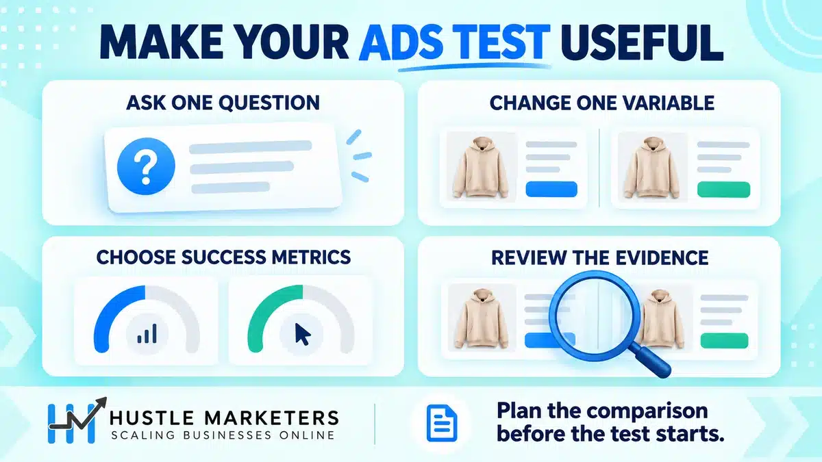 Google Ads experiment planning: ask one question, change one variable, choose success metrics and review the evidence.
