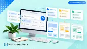 Google Ads keyword research illustration connecting search queries, intent, ad groups and landing pages.