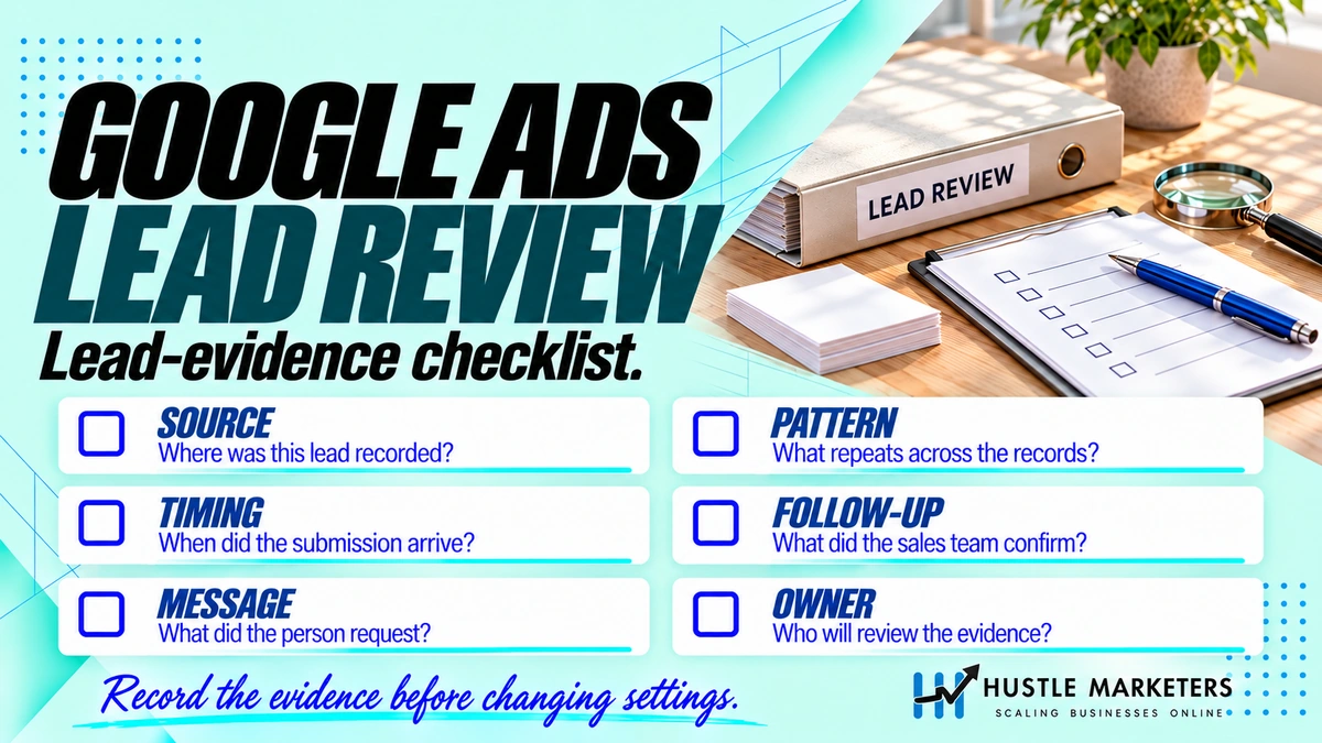 Google Ads lead-evidence checklist covering source, timing, message, repeated patterns, sales follow-up, and review owner
