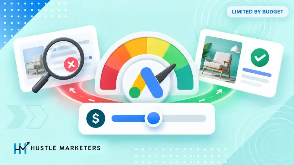Google Ads limited by budget illustration showing a campaign gauge, opportunity review and budget decision paths.