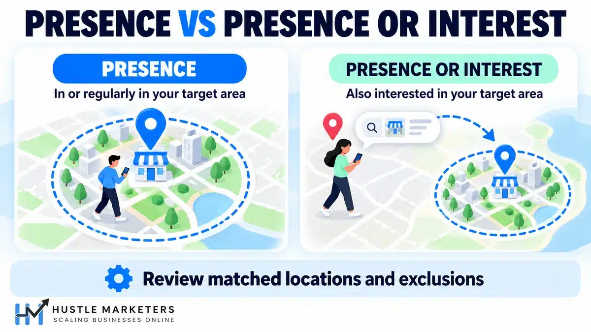 Google Ads Presence versus Presence or Interest location targeting illustrated with local and outside-area searchers.