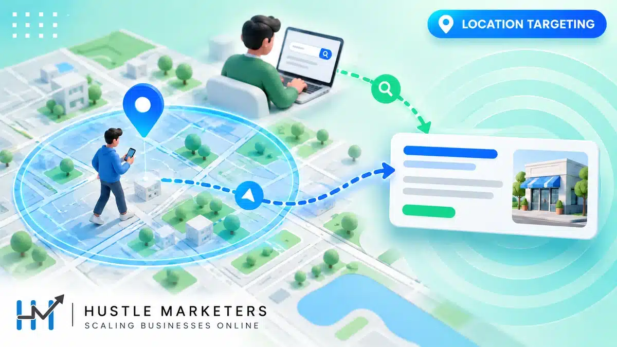 Google Ads location targeting map showing a person inside the target radius and interest from outside the area.