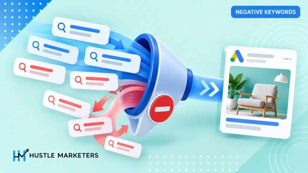 Google Ads negative keywords illustration showing irrelevant search terms filtered before an ad appears.
