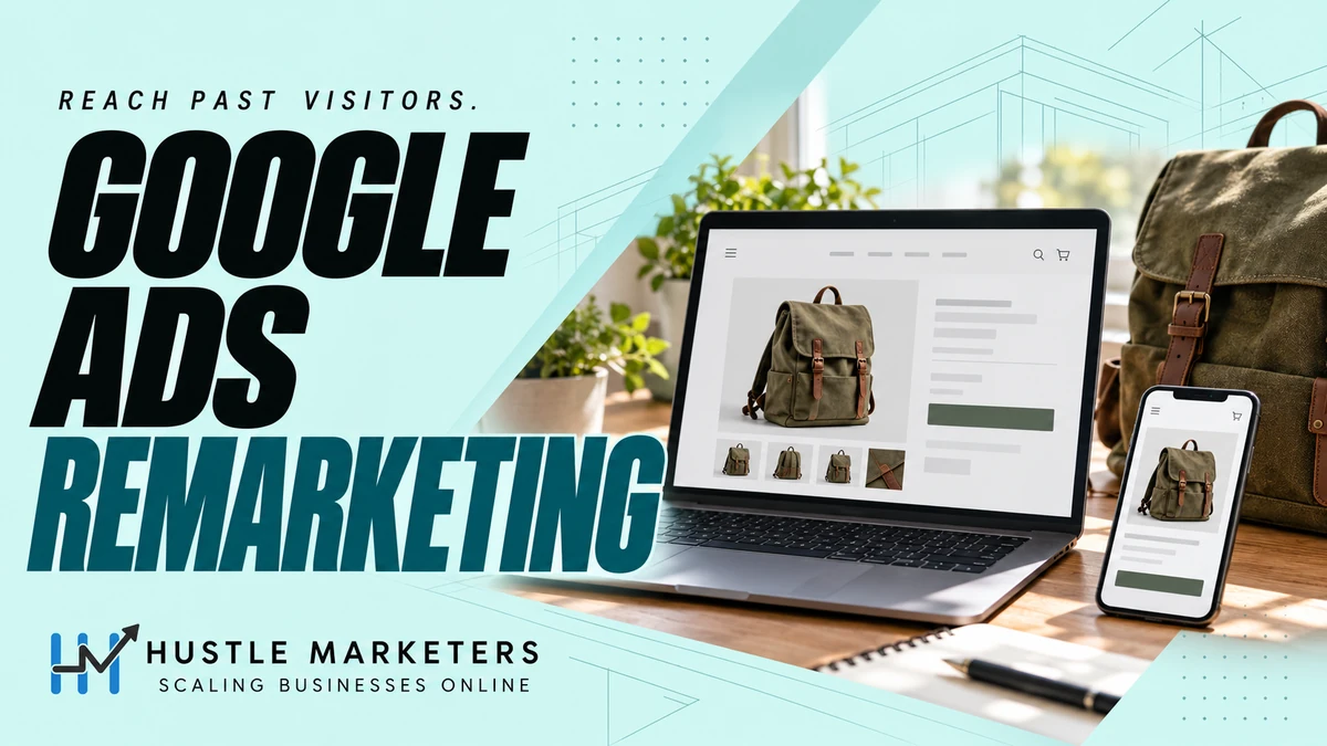 Google Ads remarketing cover showing an olive backpack on a laptop product page and smartphone.