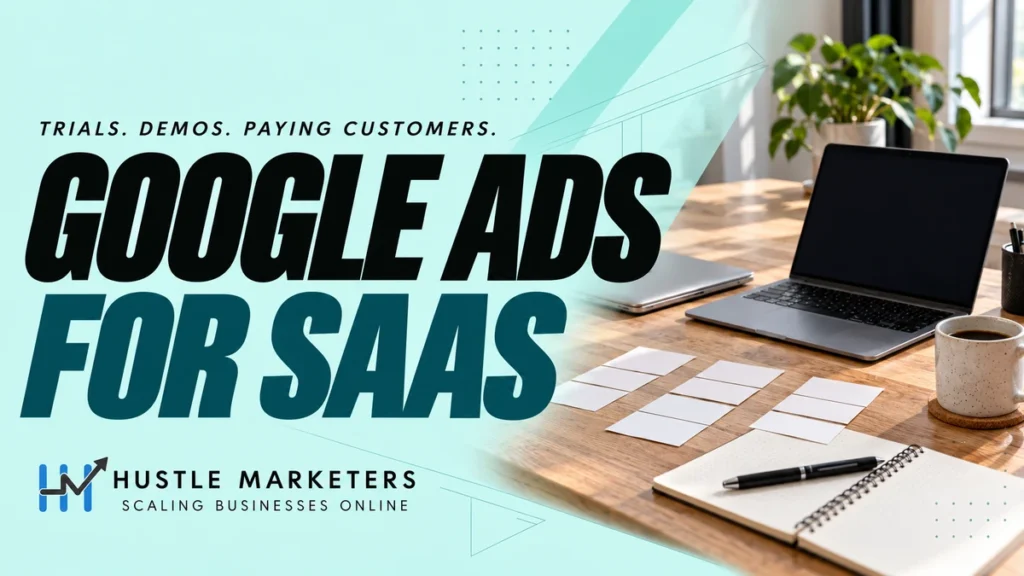 Google Ads for SaaS cover showing two laptops, blank planning cards, a notebook and a coffee cup on a workspace.