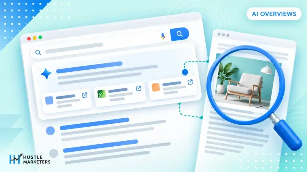 Google AI Overviews illustration with a search answer and linked source cards above regular results.