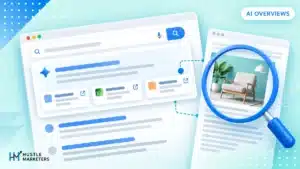 Google AI Overviews illustration with a search answer and linked source cards above regular results.