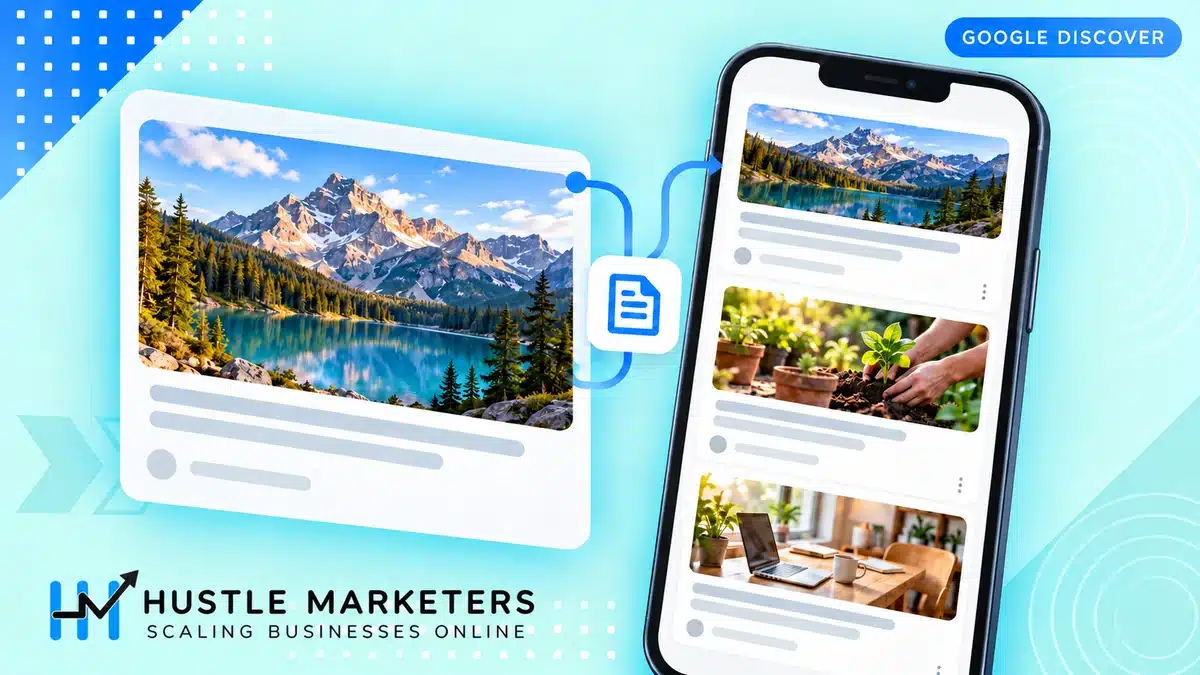 Google Discover illustration showing a landscape article preview entering a personalized mobile content feed.