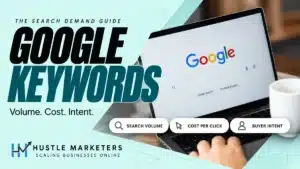Google Keywords cover showing a laptop search screen and the criteria search volume, cost per click and buyer intent.