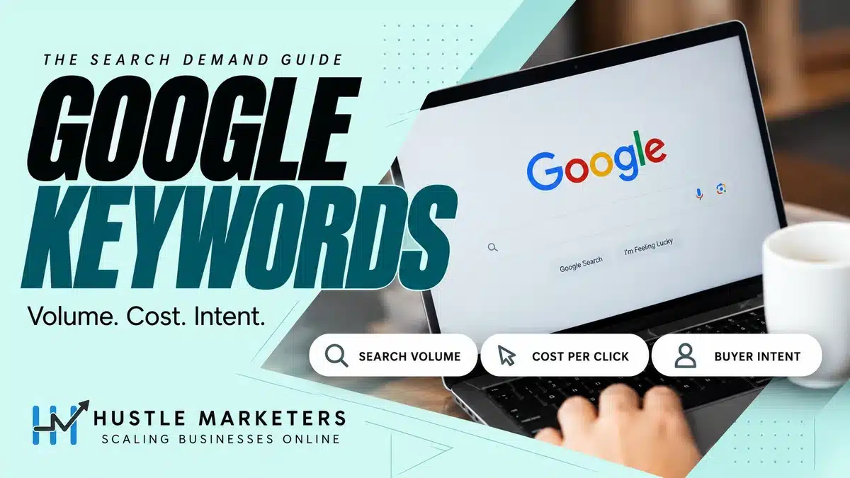 Google Keywords cover showing a laptop search screen and the criteria search volume, cost per click and buyer intent.