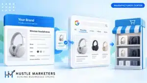 Brand product information flowing toward a Shopping product display and a separate retail store.