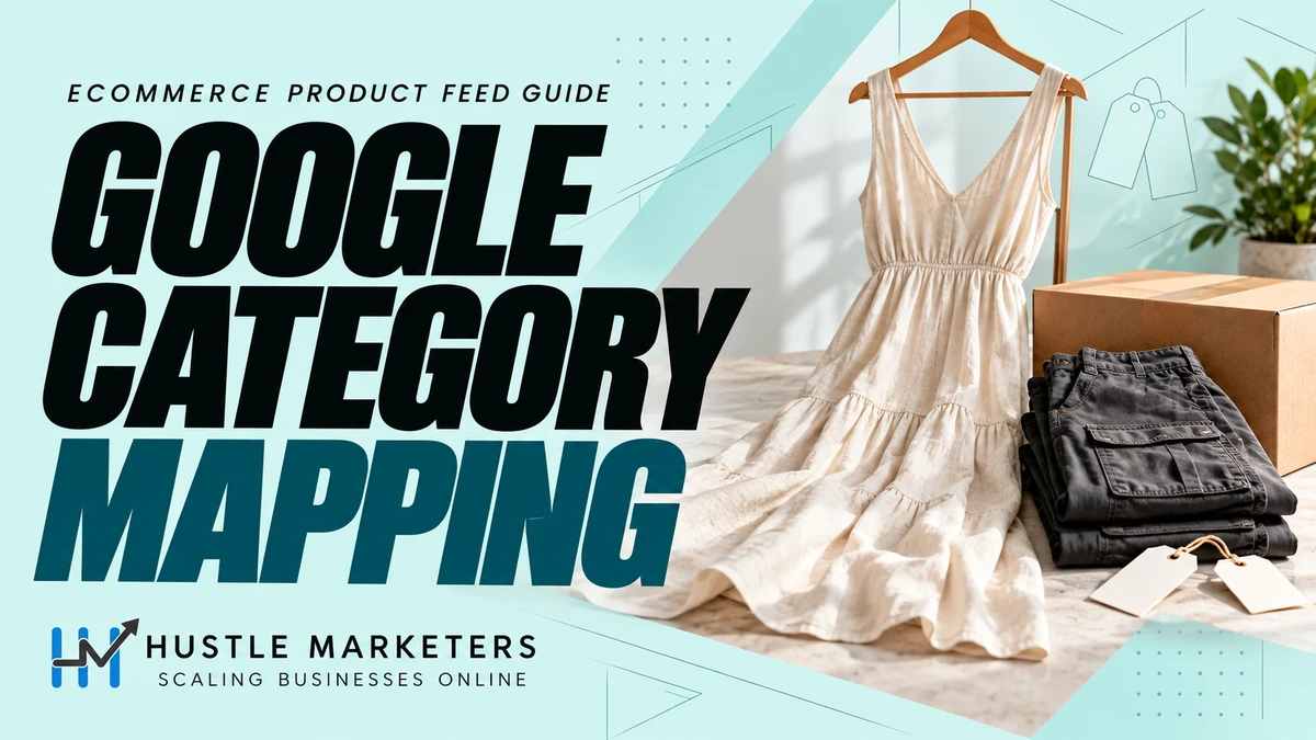 Google product category mapping cover with a linen dress, folded cargo pants, shipping box and blank product tags.