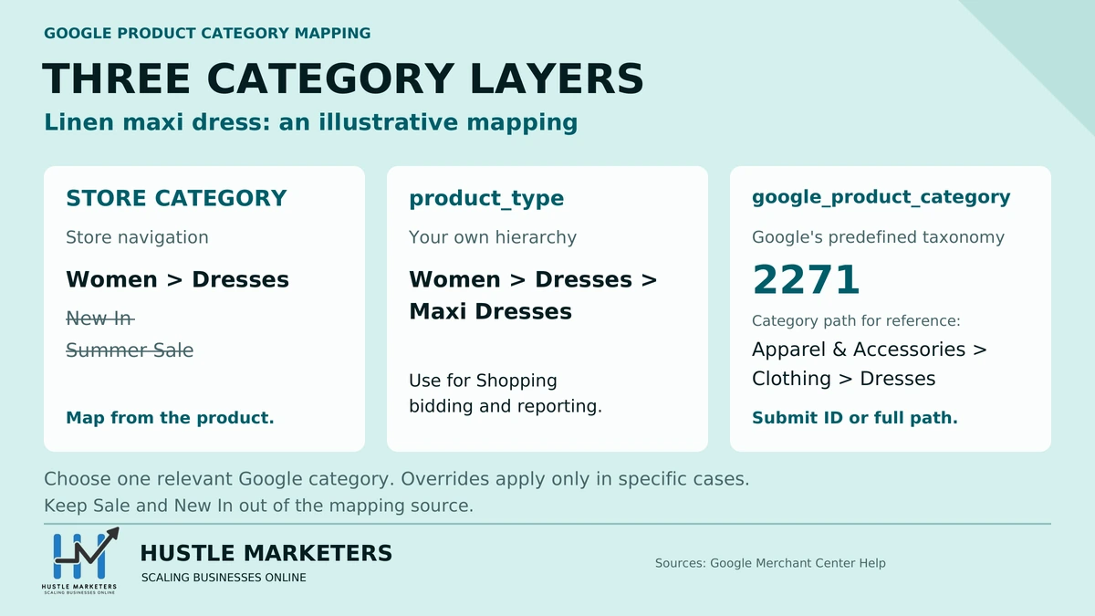 Illustrative linen dress mapping comparing store categories, product_type Women > Dresses > Maxi Dresses and Google category 2271 for dresses.