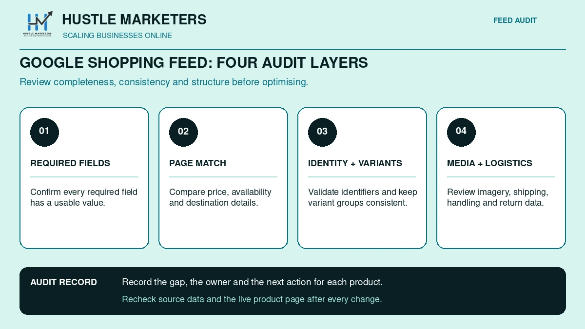 Four-layer Google Shopping feed audit covering required fields, page match, identifiers and variants, and media and logistics
