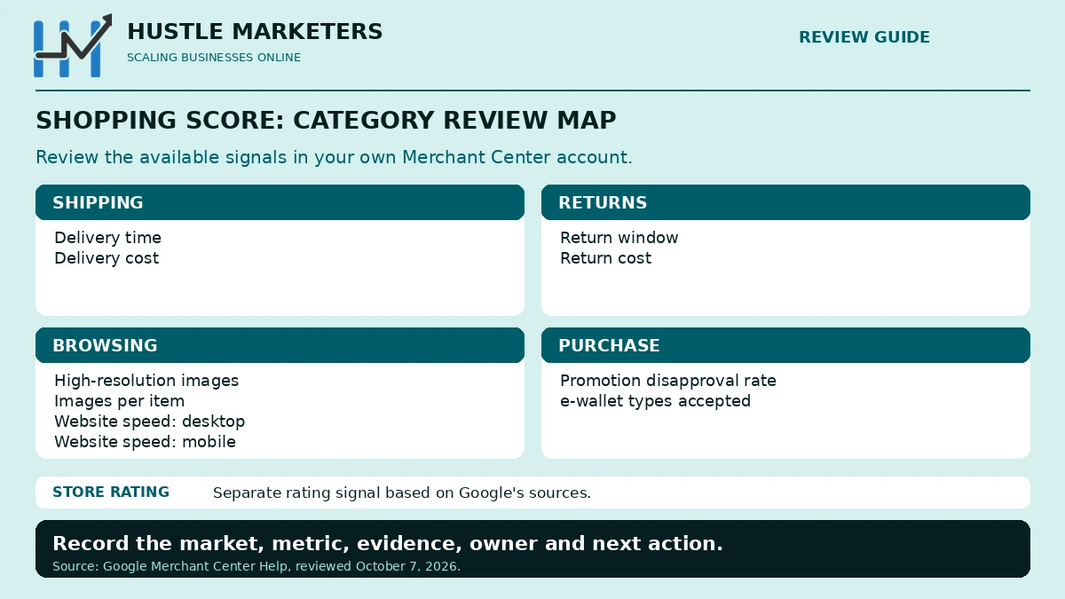 Shopping Score category review map listing shipping, returns, browsing and purchase metrics, with store rating shown as a separate signal.