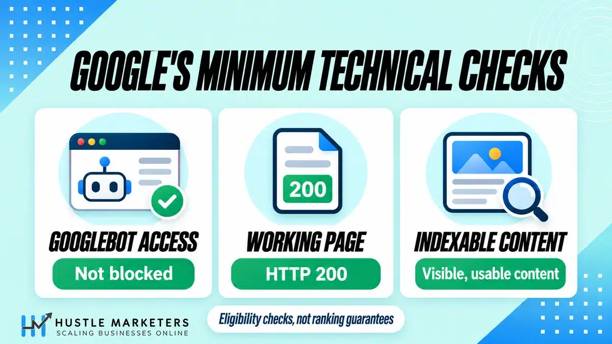 Google technical SEO minimum checks: Googlebot access, an HTTP 200 page and indexable content.