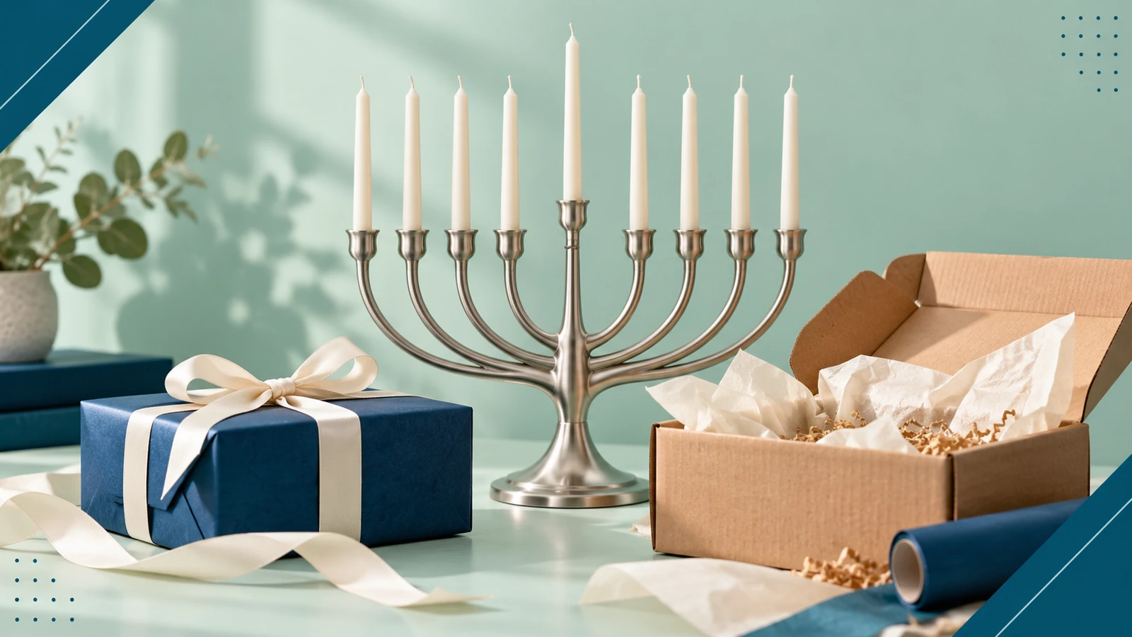 Nine-light Hanukkah menorah beside a blue gift box and shipping materials on a mint background.