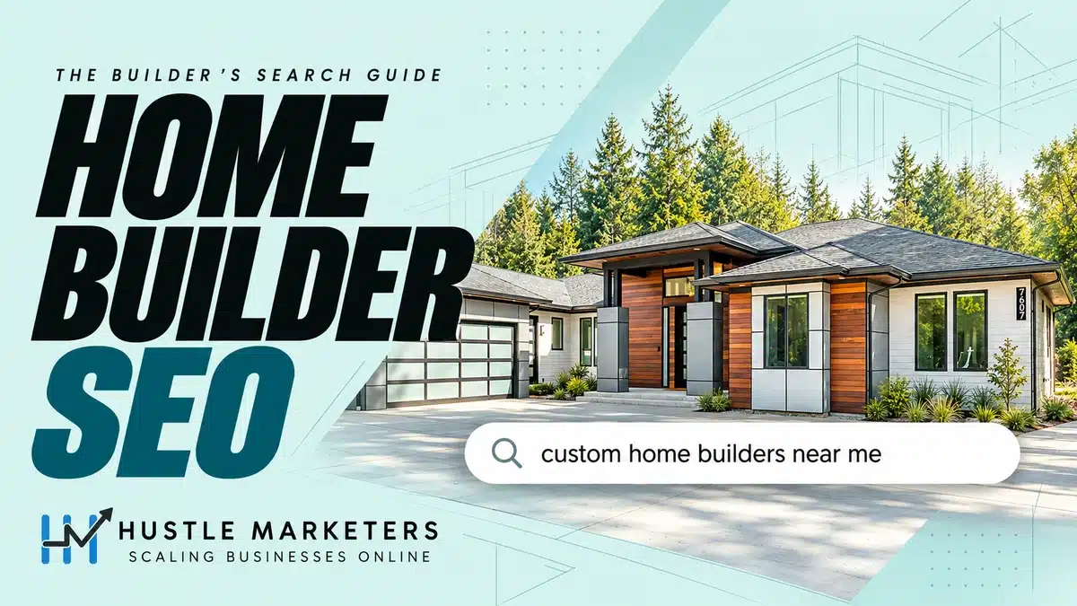 Home Builder SEO cover with a modern custom home and the search query “custom home builders near me.”