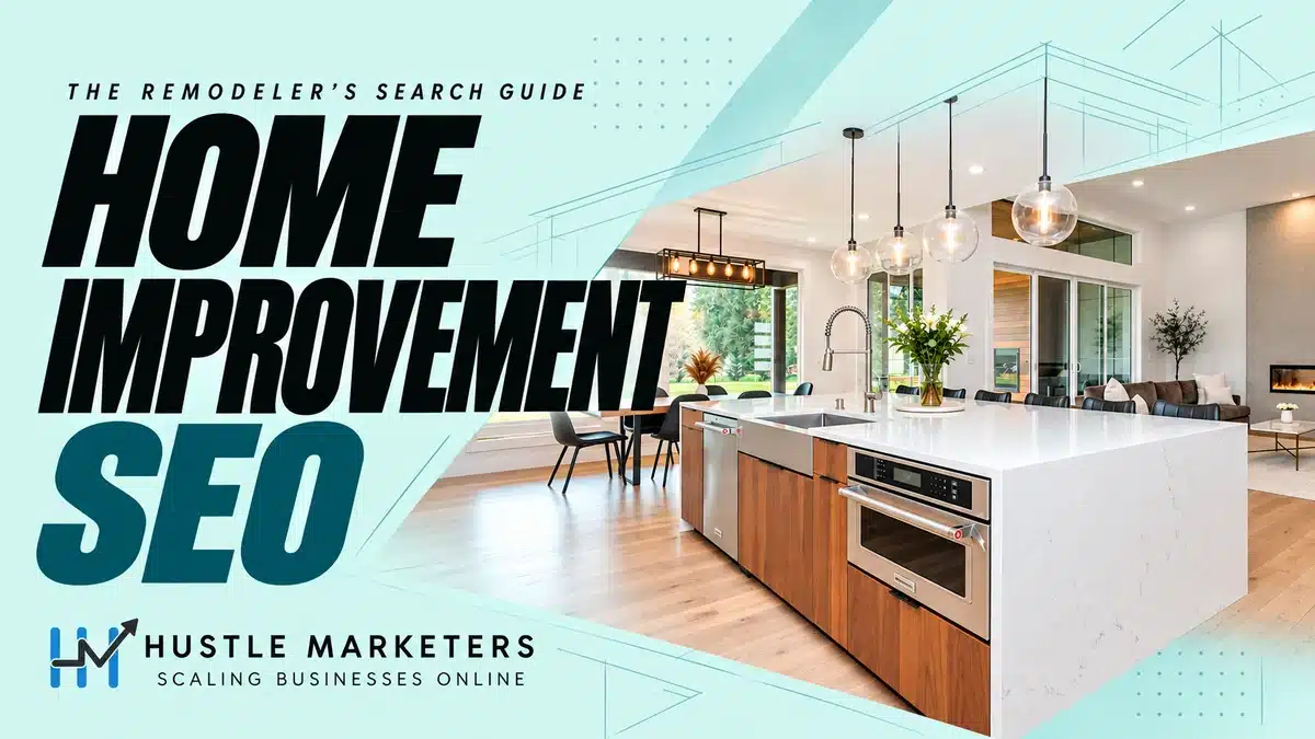 Home improvement SEO guide featuring a bright kitchen with a white island and wood cabinets.